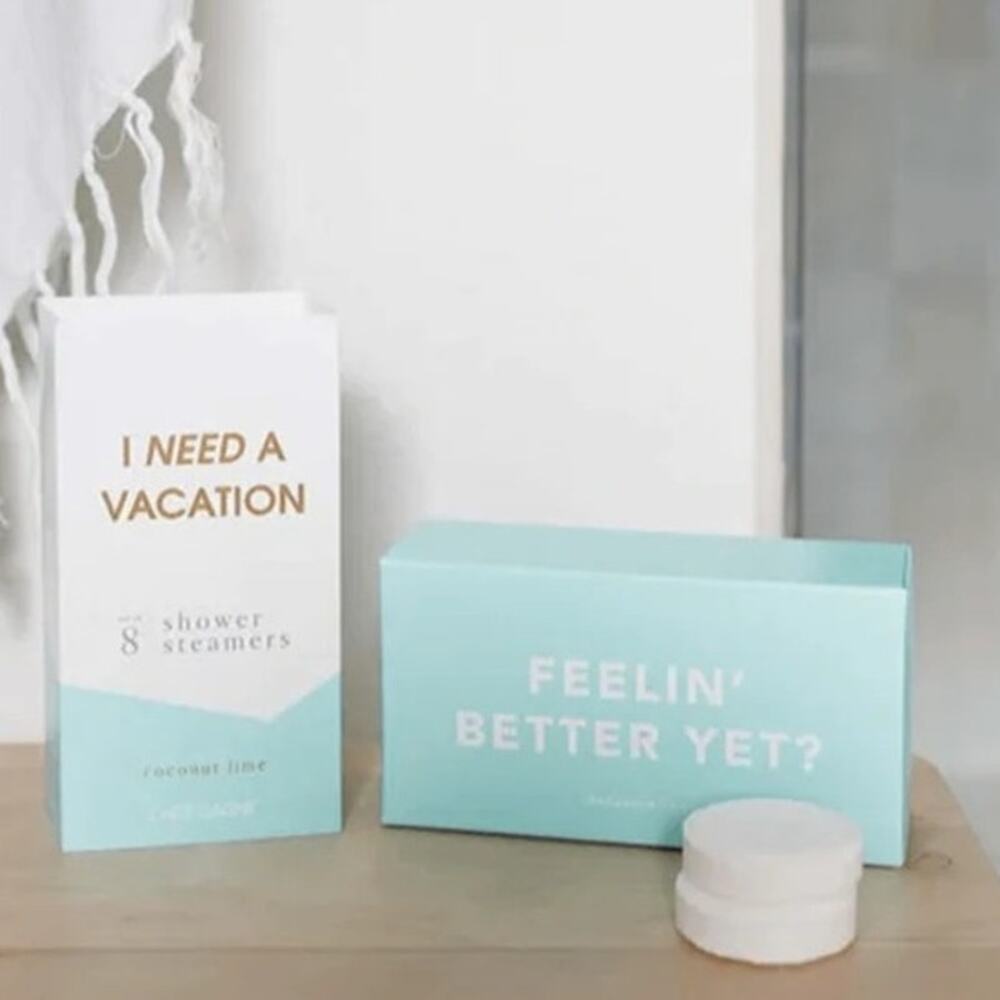 New box of Chez Gagné "I Need a Vacation" shower steamers set of 8 aromatherapy